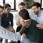 A group of people talking.