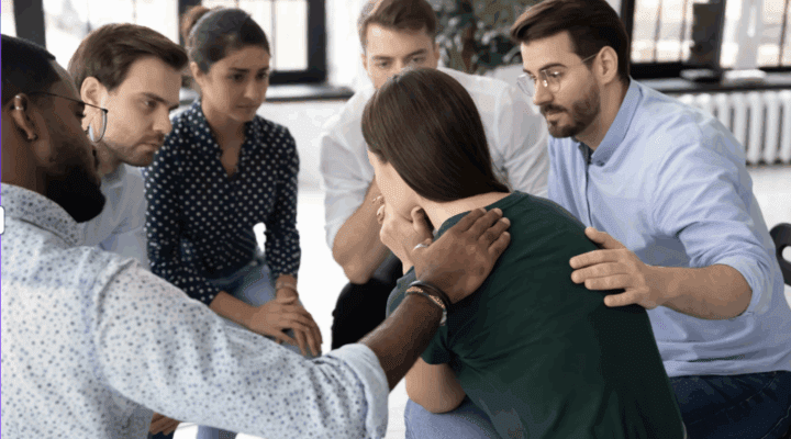 A group of people talking.